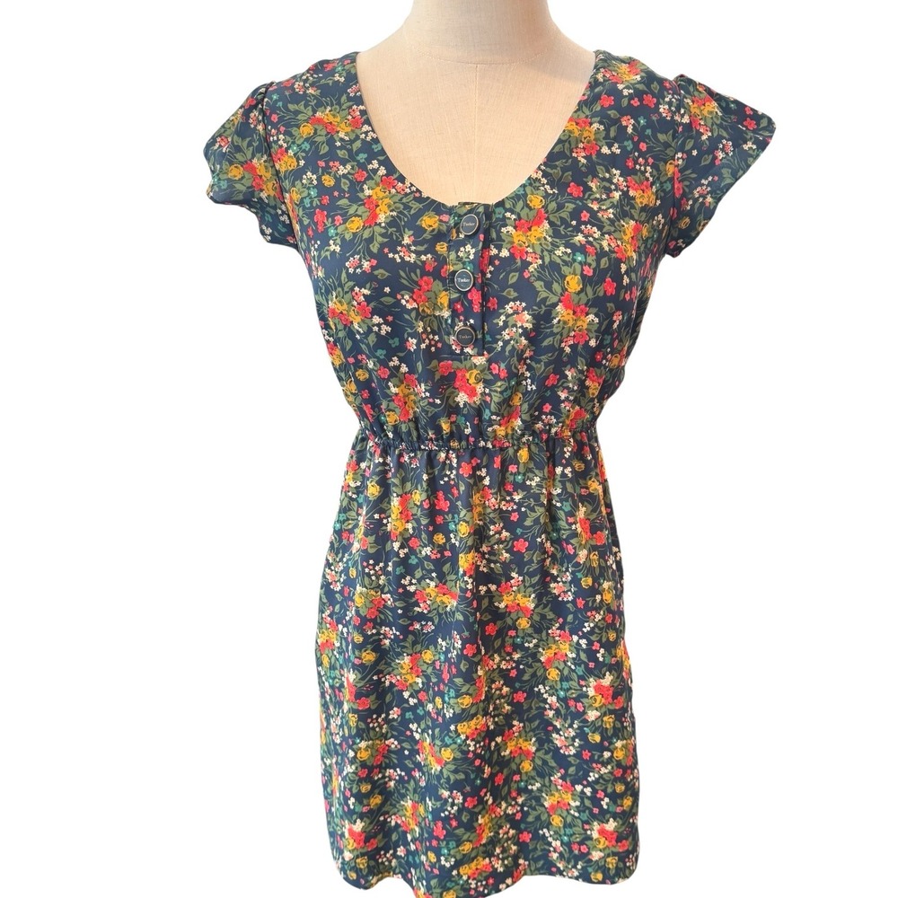 Tucker for Target Navy Blue Floral‎ Mini Dress XS Cap Sleeve Button Front Boho